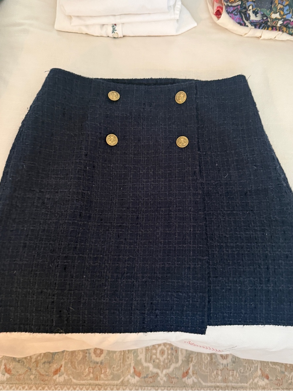 LOFT Navy Tweed Mini Skirt with Gold Buttons